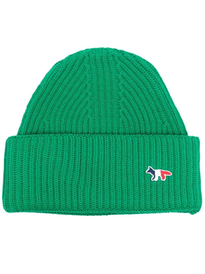 Shop Maison Kitsuné Ribbed-knit Wool Beanie In Green