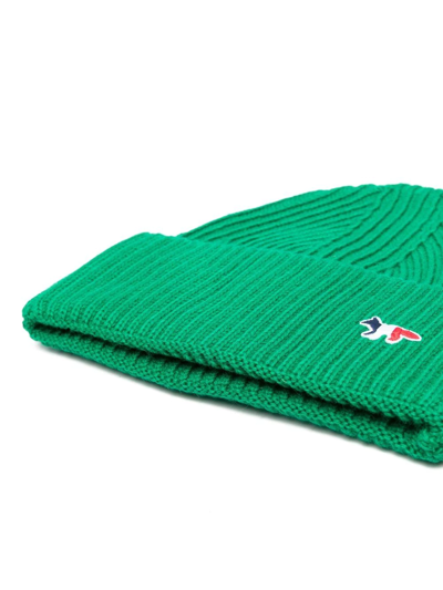 Shop Maison Kitsuné Ribbed-knit Wool Beanie In Green