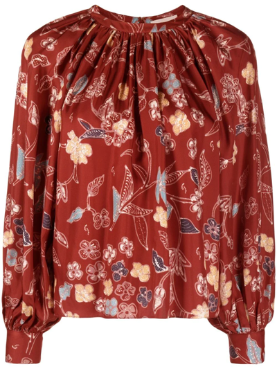 Shop Ulla Johnson Floral-print Silk Blouse In Brown