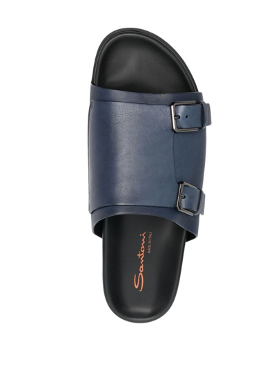 Shop Santoni Buckled Leather Slides In Blue