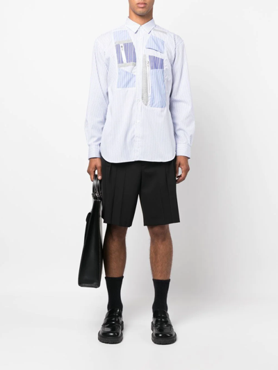 Comme Des Garçons Shirt Patchwork Zipper Detail Striped Cotton Poplin Button Up Shirt In Blue