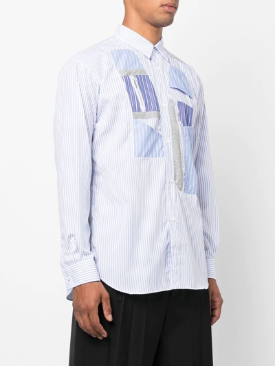 Comme Des Garçons Shirt Patchwork Zipper Detail Striped Cotton Poplin Button Up Shirt In Blue