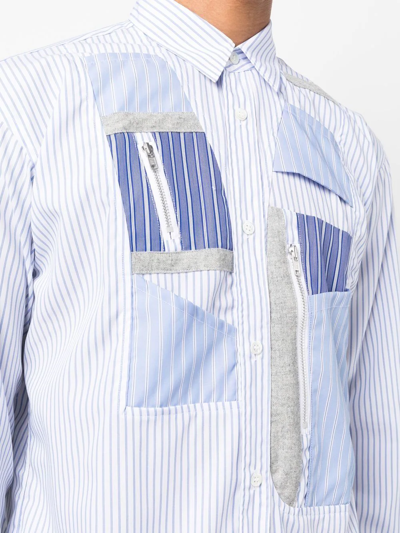Comme Des Garçons Shirt Patchwork Zipper Detail Striped Cotton Poplin Button Up Shirt In Blue