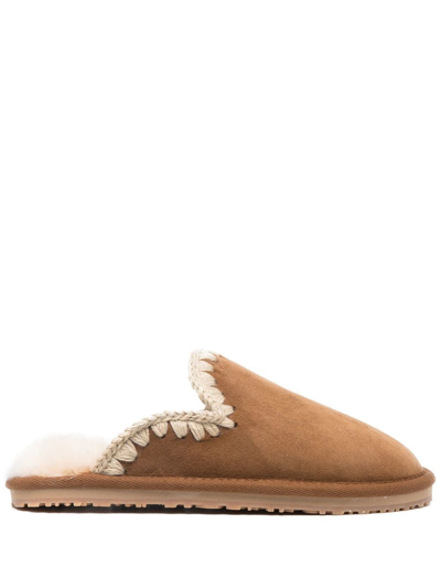 Shop Mou Shearling-lined Whipstitch Slippers In Brown