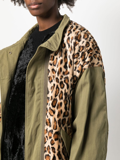 Shop Junya Watanabe Leopard-print Panelled Parka Coat In Green