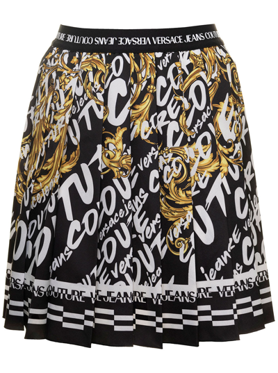 Shop Versace Jeans Couture Pleated Mini Skirt Brush Couture Print In Black