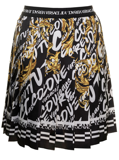 Shop Versace Jeans Couture Pleated Mini Skirt Brush Couture Print In Black