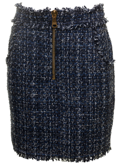 Shop Balmain Denim Tweed Skirt In Blu