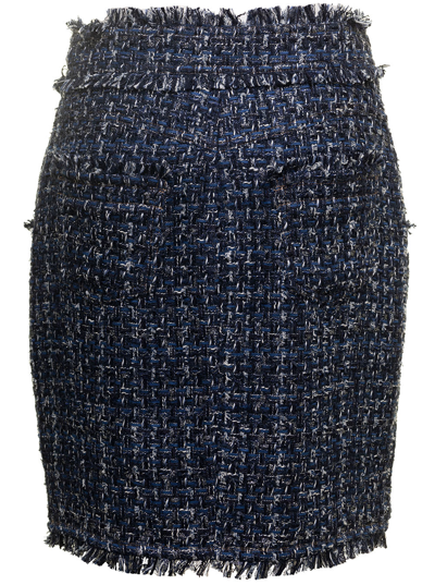 Shop Balmain Denim Tweed Skirt In Blu