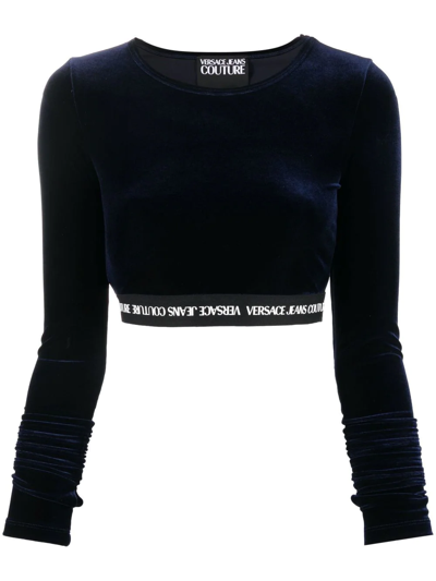 Versace Jeans Couture Long-sleeve Logo Band Crop Top In Blue