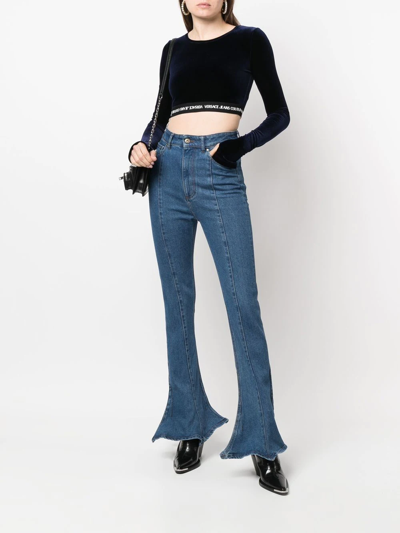 Versace Jeans Couture Long-sleeve Logo Band Crop Top In Blue