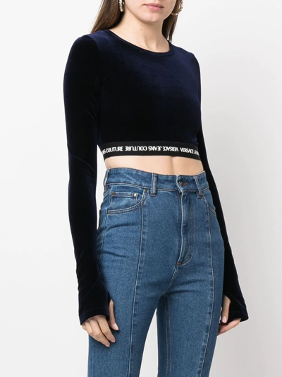 Versace Jeans Couture Long-sleeve Logo Band Crop Top In Blue