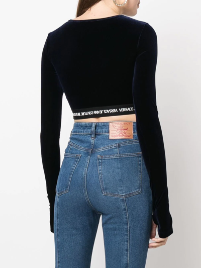 Versace Jeans Couture Long-sleeve Logo Band Crop Top In Blue