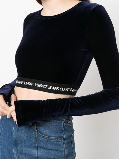 Versace Jeans Couture Long-sleeve Logo Band Crop Top In Blue