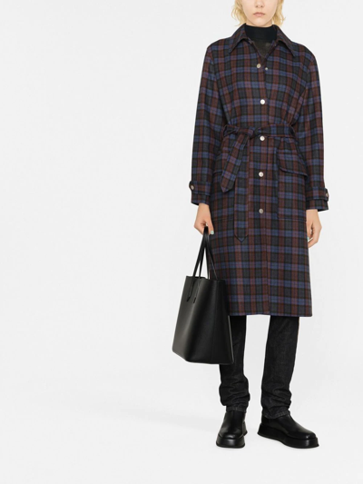 Shop Apc Check Pattern Belted Coat In Blue