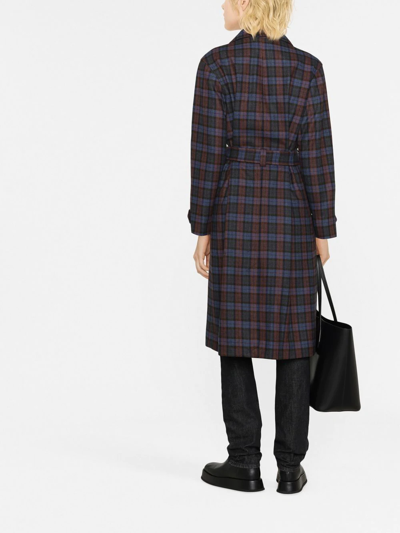 Shop Apc Check Pattern Belted Coat In Blue