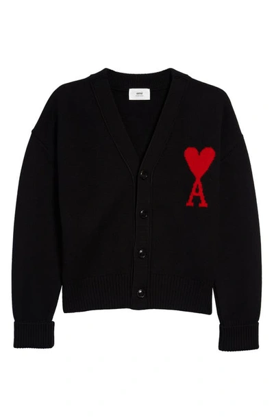 Shop Ami Alexandre Mattiussi Monogram Logo V-neck Wool Cardigan In Black/ Red/ 009