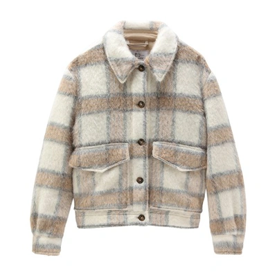 Shop Woolrich Brushed Wool Overshirt In Cream Check