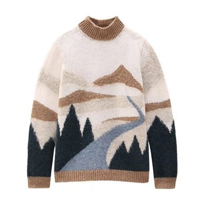 Shop Woolrich Landscape Crewneck Sweater In Dark Camel