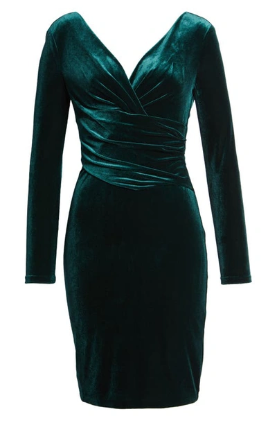 Shop Eliza J Ruched Long Sleeve Velvet Body-con Dress In Hunter