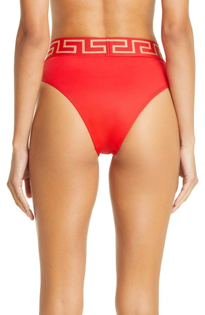 Shop Versace Greca High Waist Bikini Bottoms In Red