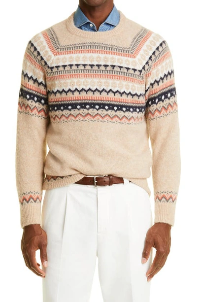 Shop Brunello Cucinelli Fair Isle Alpaca Blend Crewneck Sweater In Cmc45-light Brown