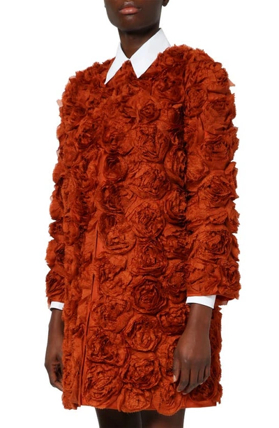Shop Erdem Embellished 3d Rose Silk Coat In Rust