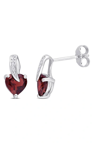 Shop Delmar Garnet Heart & Diamond Stud Earrings In Red