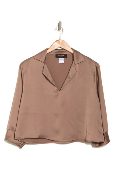 RENEE C RENEE C NOTCH COLLAR LONG SLEEVE SOLID SATIN TOP 