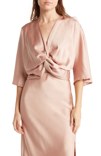 Renee C Plunge Neck Long Sleeve Twisted Knot Satin Top In Rose