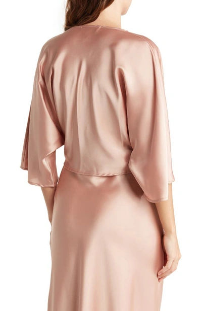 Renee C Plunge Neck Long Sleeve Twisted Knot Satin Top In Rose