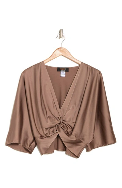 Shop Renee C Plunge Neck Long Sleeve Twisted Knot Satin Top In Dune