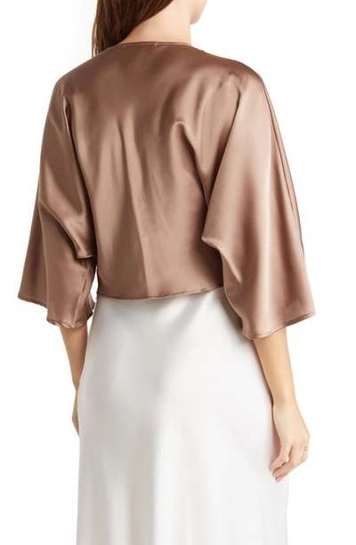 Shop Renee C Plunge Neck Long Sleeve Twisted Knot Satin Top In Dune