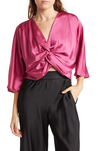 Shop Renee C Plunge Neck Long Sleeve Twisted Knot Satin Top In Magenta