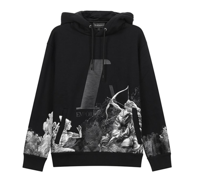 Shop Emporio Armani Mens Surreal Print And Alpha Logo Hooded Sweatshirt, Size Large In Black