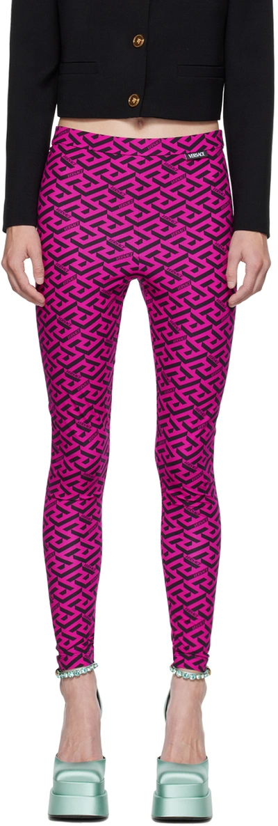Shop Versace Pink La Greca Leggings In 5b630 Black+fucsia