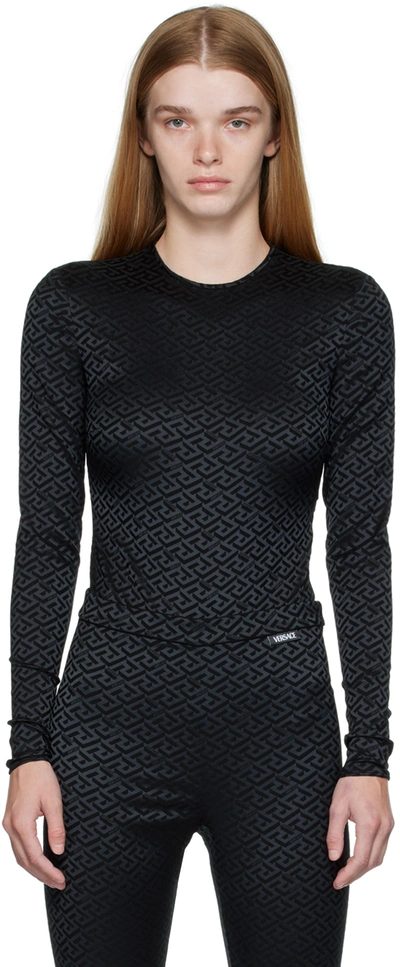 Shop Versace Black La Greca Long Sleeve Bodysuit In 1b000 Black