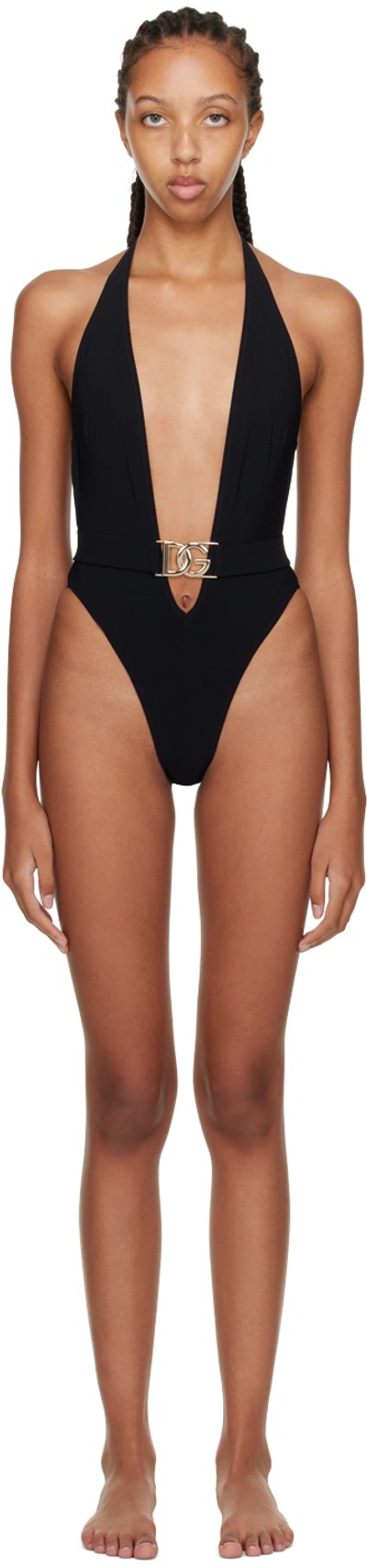 Shop Dolce & Gabbana Black Plunging One-piece Swimsuit In N0000 Nero