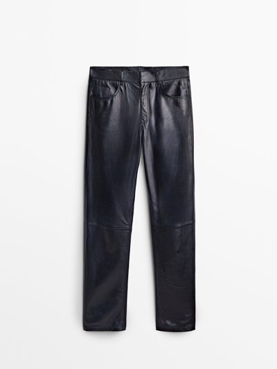 Massimo Dutti Navy Blue Nappa Leather Trousers | ModeSens
