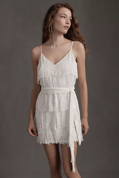 Shop Anthropologie Retrofete Claire V-neck Fringed Mini Dress In White