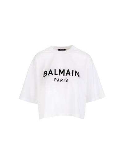 Shop Balmain Cropped Print T-shirt In Gab Blanc Noir