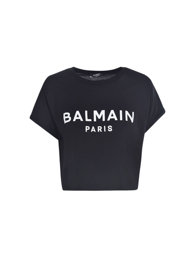 Shop Balmain Cropped Print T-shirt In Eab Noir Blanc
