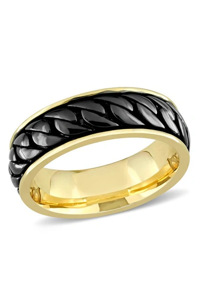 Shop Delmar Black & Yellow Gold Plated Rib Textured Ring