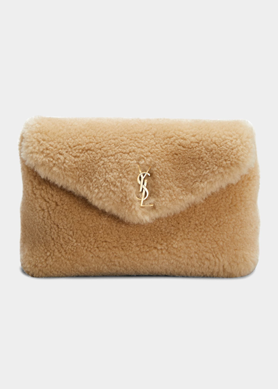 Shop Saint Laurent Puffer Small Ysl Shearling Pouch Clutch Bag In Natural Beige
