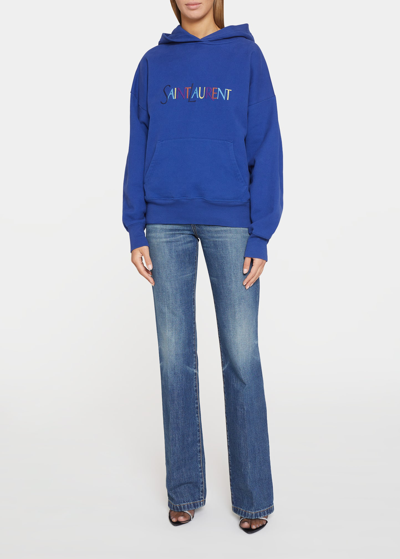 Shop Saint Laurent Oversize Logo Hoodie In Blue