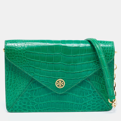 Pre-owned Tory Burch Green Alligator Robinson Envelope Flap Clutch Bag