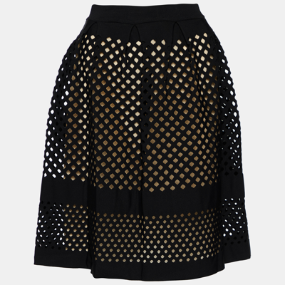 Pre-owned Fendi Black Cutout Knit Pleated Knee Length Skirt M