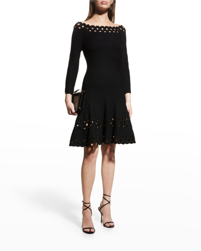 Shop Emporio Armani Off-shoulder Lasercut Fit-&-flare Dress In Black