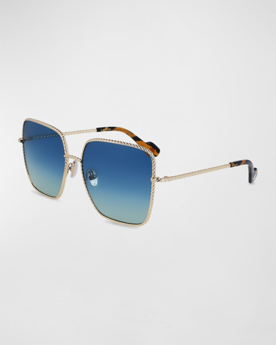 Shop Lanvin Babe Oversized Square Twisted Metal Sunglasses In Gold/gradient Blu