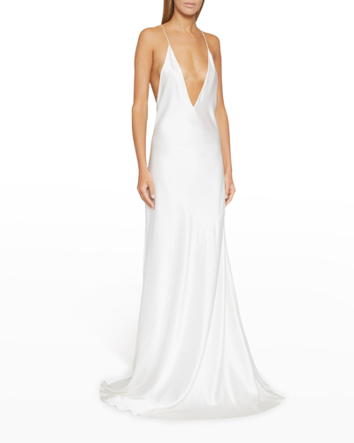 Shop Saint Laurent Plunging Silk Slip Gown In White